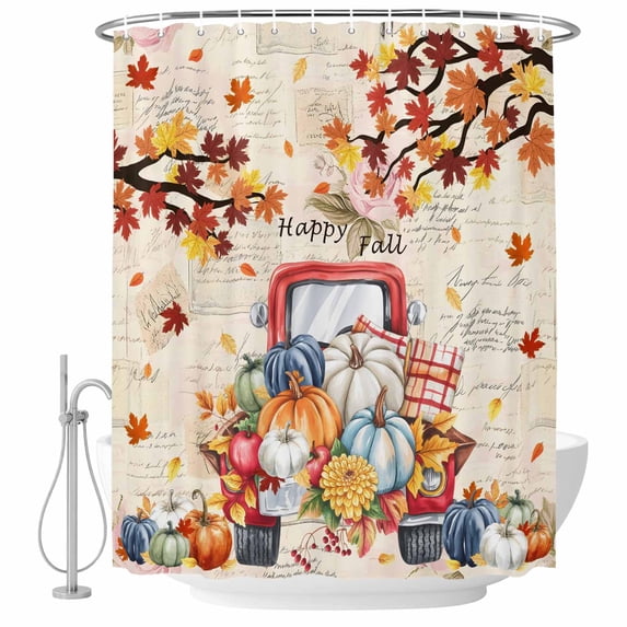 Fall Shower Curtain, Waterproof Shower Curtains for Bathroom, Retro Thanksgiving Truck Pumpkin Maple Leaf Washable Fabric Bathtub Curtain Set Bath Decor with 12 Hooks Standard 72"x72"