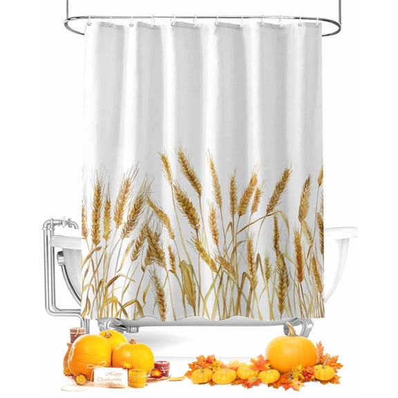 Fall Shower Curtain White Autumn Bathroom Curtains with Hooks, Waterproof Fabric Vintage Wheat Thanksgiving Bath Shower Curtains Set for Bathroom Bathtubs Decor 72x72 Inch