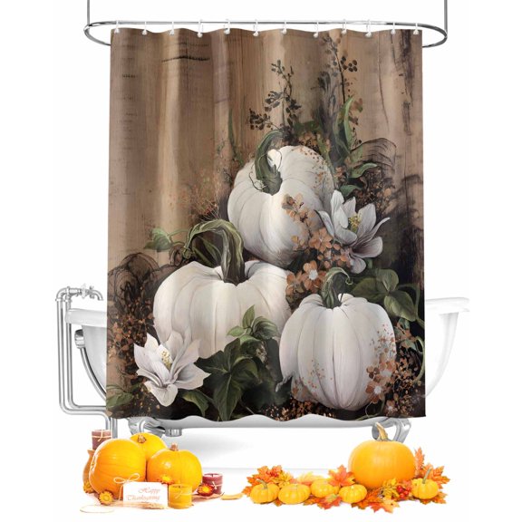 Fall Shower Curtain White Pumpkin Bathroom Curtains with Hooks, Waterproof Fabric Floral Leaves Thanksgiving Bath Shower Curtains Set for Bathroom Bathtubs Decor 72x72 Inch