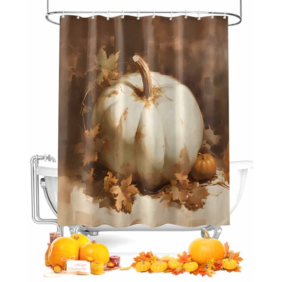 Fall Shower Curtain White Pumpkin Bathroom Curtains with Hooks, Waterproof Fabric Maple Leaves Oil Painting Thanksgiving Bath Shower Curtains Set for Bathroom Bathtubs Decor 72x72 Inch