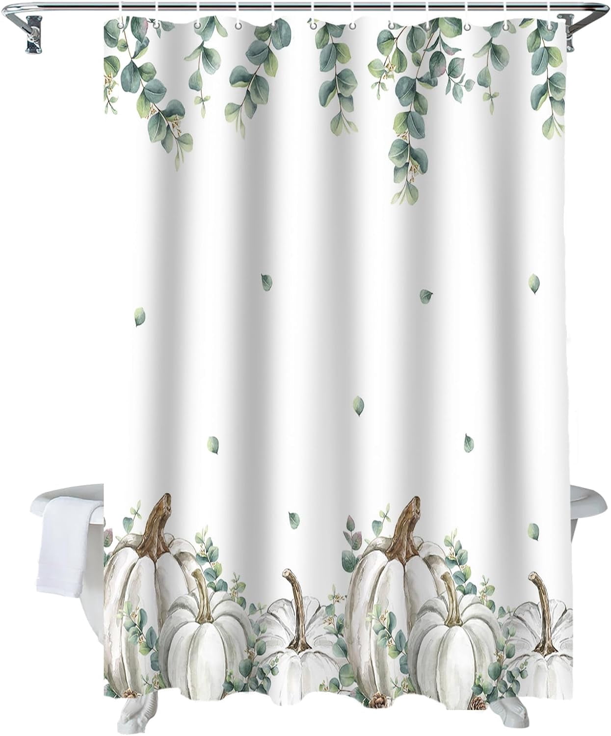 Fall Shower Curtain White Pumpkins Shower Curtains for Bathroom Green Leaves Bath Curtains Sets with Hooks for Autumn Thanksgiving Seasonal Bathroom Decor Polyester Fabric Waterproof 36 x 72 in