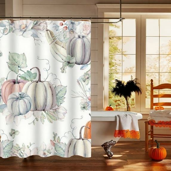 Fall Shower Curtain for Bathroom Watercolor Pumpkin Happy Thanksgiving Bumper Harvest Poliester Fabric Decoration Water Proof with 12Hooks 71x71inch