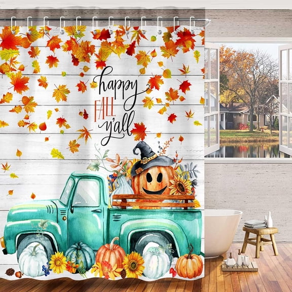 Fall Shower Curtains for Bathroom, Autumn Halloween Pumpkin with Teal Farm Truck Pulling Sunflowers Bathtub Curtains, Farmhouse Thanksgiving Harvest Fabric Shower Curtain, 72X72in