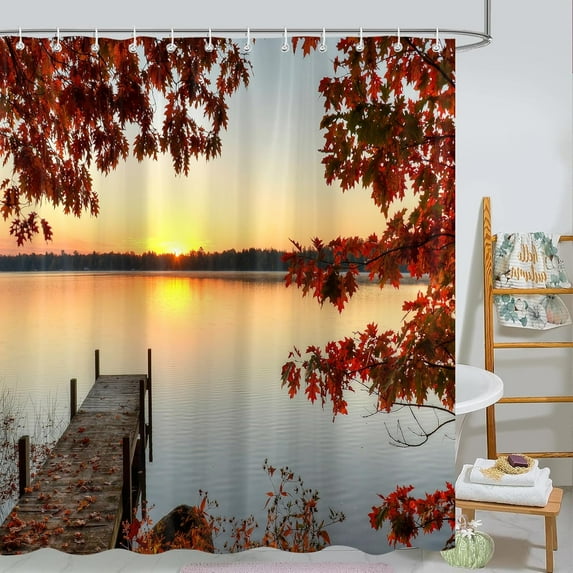Fall Shower Curtains for Bathroom, Autumn Lake Thanksgiving Holiday Fabric Shower Curtain Set, Maroon Maple Leaf Halloween Bathroom Accessories Decor, Hooks Included 72X72 Inches