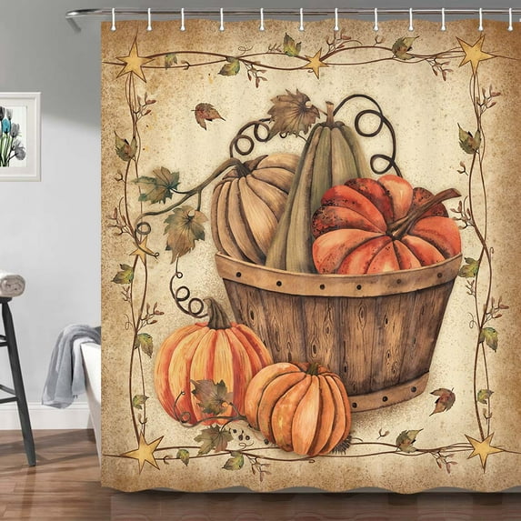 Fall Shower Curtains for Bathroom, Autumn Pumpkin Harvest Farmhouse Thanksgiving Halloween Maple Leaves Fabric Shower Curtain with Hooks Set 60x72 Inch