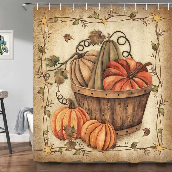 Fall Shower Curtains for Bathroom, Autumn Pumpkin Harvest Farmhouse Thanksgiving Halloween Maple Leaves Fabric Shower Curtain with Hooks Set 72x72 Inch