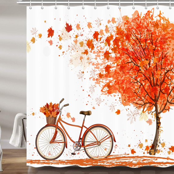 Fall Shower Curtains for Bathroom, Autumn Tree Bicycle Fabric Thanksgiving Shower Curtain Set, Maple Leaves Bathroom Accessories Decor 12 Hooks Included 69X72 Inches
