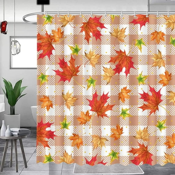 Fall Shower Curtains for Bathroom Maple Leaves Orange Buffalo Plaid Shower Curtains Autumn Thanksgiving Day Shower Curtain for Bathroom Decor Washable Durable Fabric Shower Curtains 72x72 in