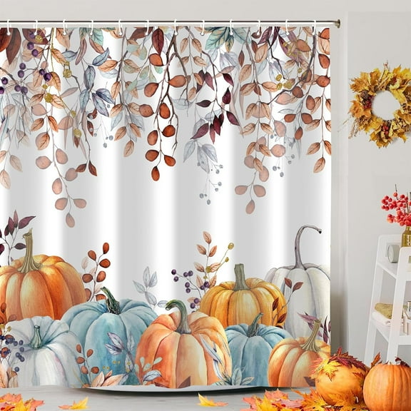 Fall Shower Curtains for Bathroom, Thanksgiving Pumpkins Autumn Leaves Shower Curtain Set with Hooks, Blue Orange Waterproof Fabric Fall Bathroom Decor Accessories,