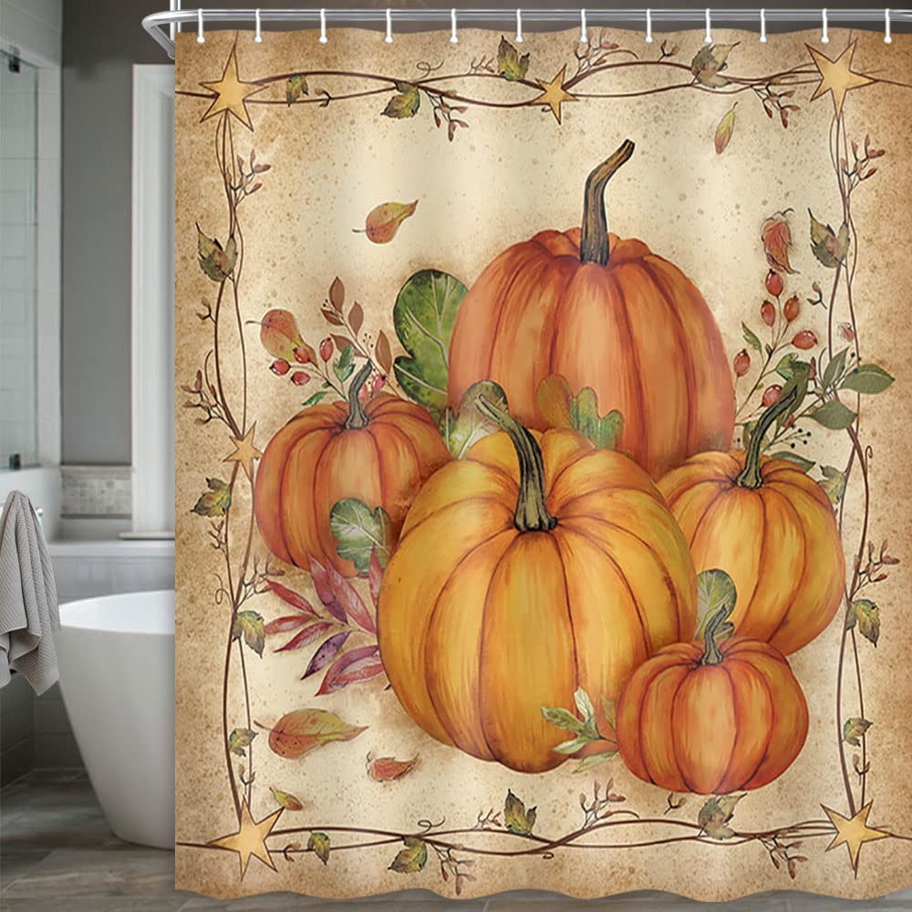 Fall Shower Curtains for Bathroom, Autumn Pumpkin Harvest Farmhouse Thanksgiving Halloween Fabric Shower Curtain with Hooks Set 70x70 Inch