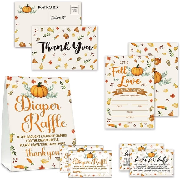 Fall Shower Invitations Set, Thanksgiving Shower , Pumpkin Diaper Raffle Sign & 25 Diaper Raffle Tickets, 25 Book Request Cards, 25 Shower Invitations, 25 Thank You Cards (FALL02)