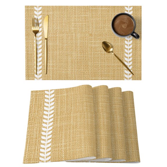 Fall Simple Botanical Placemats Set of 1 Modern Rustic Leaf Stripes Yellow Place Mats Indoor Wipeable Table Mats Washable Cloth Dining Table Placemats for Kitchen Holiday Party Home Decor 13x19 Inch