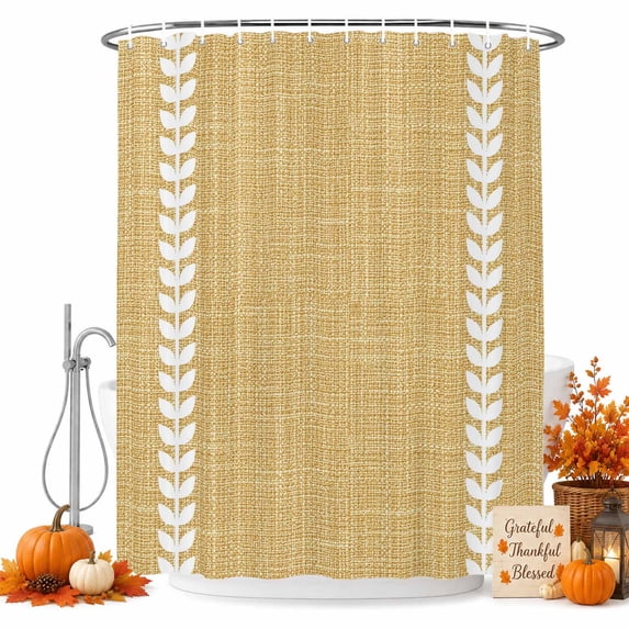Fall Simple Botanical Shower Curtain Set - Small 36" x 72" Washable Bathtub Curtain with 12 Hooks, Modern Rustic Leaf Stripes Yellow Waterproof Fabric Stall Shower Curtains for Bathroom Décor