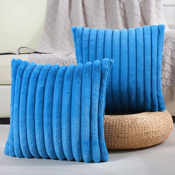 Fall Single-Sided Faux Fur Plush Decorative Throw Pillow Covers, 2 Pack 16 x 16 Inch Fuzzy Striped Soft Pillowcase Cushion Covers for Sofa Couch Bedroom Home, Royal Blue