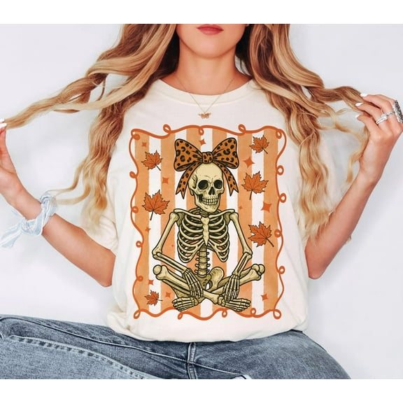 Fall Skeleton with Bow Shirt, Cute Leopard Bow Tee, Cozy Autumn Halloween Shirt, Spooky Fall Shirt, Girly Skeleton T-Shirt, Cute October Outfit