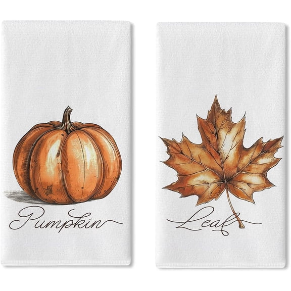Fall Sketch Pumpkin Maple Leaf Kitchen Dish Towels Set of 2, Autumn Thanksgiving Drying Hand Towel Baking Cooking Cloth, Seasonal Bathroom Home Decoration 18 x 26 Inches