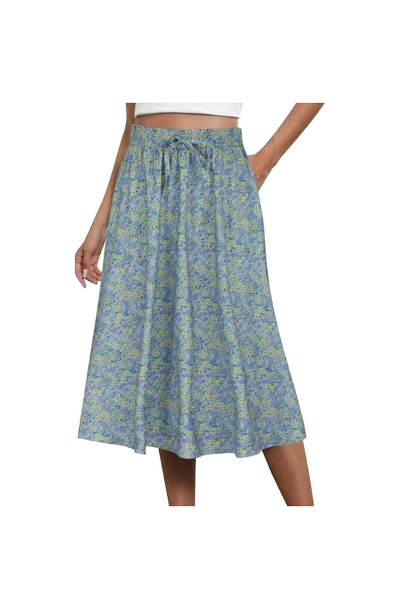 Fall Skirts for Women 2025 Elastic Waist Floral Midi Skirt Fashion Flowy Ruffle Casual Summer Boho Long Skirts (Light Blue S)