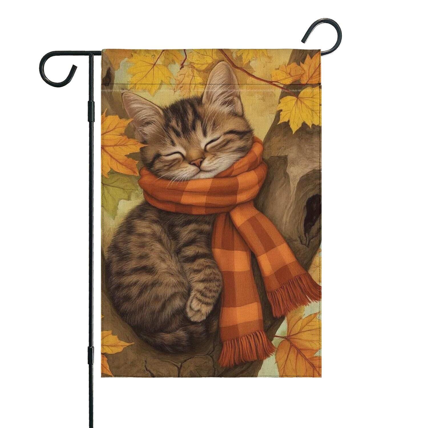 Fall Sleeping Cat with Scarf and Leaves Fall Garden Flags 12.5