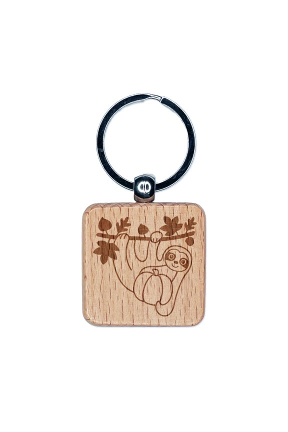 Fall Sloth with Pumpkin Square Keychain Charm Tag - Engraved Wood