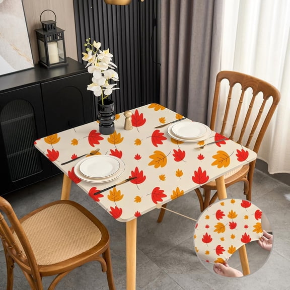 Fall Small Square Tablecloth 34x34 Inch Light Yellow Fitted Card Table Cloth with Elastic Stretchy Washable Fabric Card Table Cover Wrinkle Free Non Slip Cute Autumn Leaves