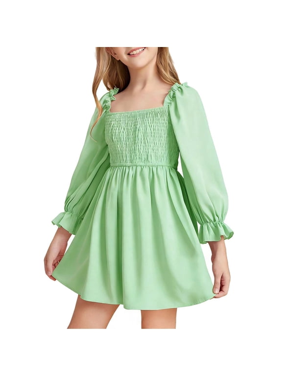 Fall Smocked Dresses Girls Long Sleeve Square Neck Aline Ruffle Dress Casual Semi Formal Outfits Green, Size 10 Y
