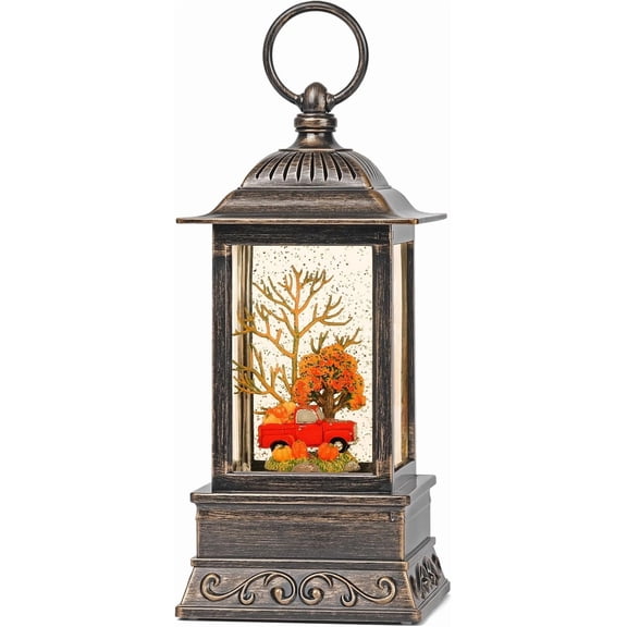 Fall Snow Globe Decorations, Glitter Red Truck Lantern with 6H Timer, USB/Battery Powered Lighted Décor for Home, Tabletop, Gift Box