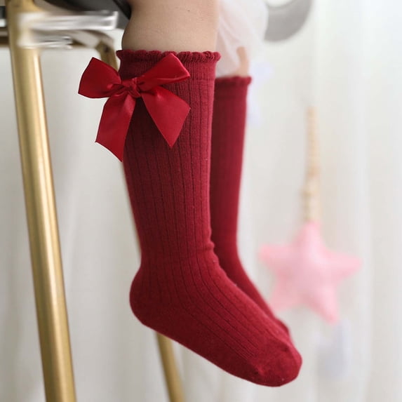 Fall Socks Girls Toddlers Girls Cute Big Bow Knee High Long Soft Cotton Lace Socks Kids Grippy Socks Red 2-4Y