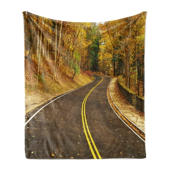Fall Soft Flannel Fleece Blanket, Autumn Scene with Curvy Road in the Forest at Letchworth State Park New York City USA, Cozy Plush for Indoor and Outdoor Use, 50" x 70", Multicolor, by Ambesonne