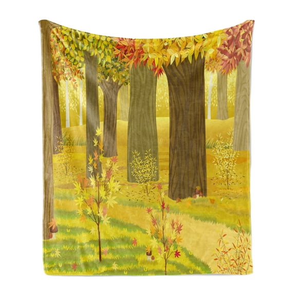 Fall Soft Flannel Fleece Blanket, Dreamy Fantasy Enchanted Forest Illustration Deciduous Trees Bushes in the Countryside, Cozy Plush for Indoor and Outdoor Use, 50" x 60", Multicolor, by Ambesonne