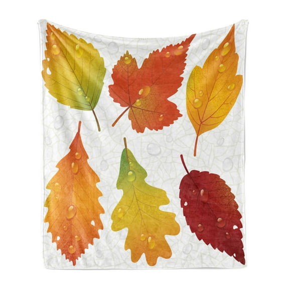 Fall Soft Flannel Fleece Blanket, Realistic Illustration of Dried Seasonal Foliage with Raindrops on a Vein Background, Cozy Plush for Indoor and Outdoor Use, 50" x 70", Multicolor, by Ambesonne