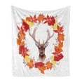 thumbnail image 1 of Fall Soft Flannel Fleece Blanket, Reindeer Head in Rounded Floral Wreath Frame Made with Aesthetic Fall Leaves Print, Cozy Plush for Indoor and Outdoor Use, 70" x 90", Brown Orange, by Ambesonne, 1 of 5