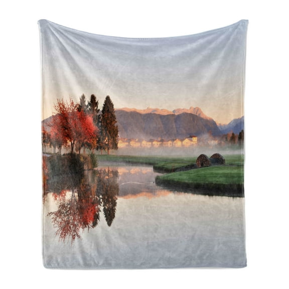 Fall Soft Flannel Fleece Blanket, Vibrant Maple and Pine Trees Reflection Stone Bridge over Creek Fog Houses and Hills, Cozy Plush for Indoor and Outdoor Use, 50" x 60", Multicolor, by Ambesonne