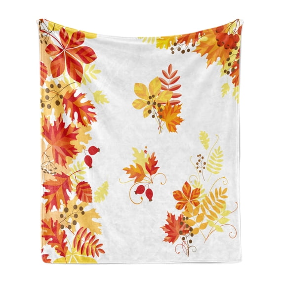Fall Soft Flannel Fleece Throw Blanket, Autumn Themed Pattern Chestnut Oak Maple Leaves and Berries Corner Design Elements, Cozy Plush for Indoor and Outdoor Use, 50" x 60", Multicolor, by Ambesonne