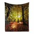 thumbnail image 1 of Fall Soft Flannel Fleece Throw Blanket, Blurry Hazy View of Forest Defoliation Mysterious Dramatic Dreamlike View, Cozy Plush for Indoor and Outdoor Use, 50" x 70", Pale Green Red Brown, by Ambesonne, 1 of 6