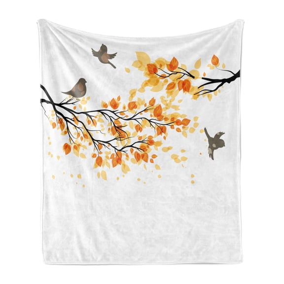 Fall Soft Flannel Fleece Throw Blanket, Branch Pale Autumn Leaves and Birds Natural Change in Season Summertime Print, Cozy Plush for Indoor and Outdoor Use, 70" x 90", Yellow Cream, by Ambesonne