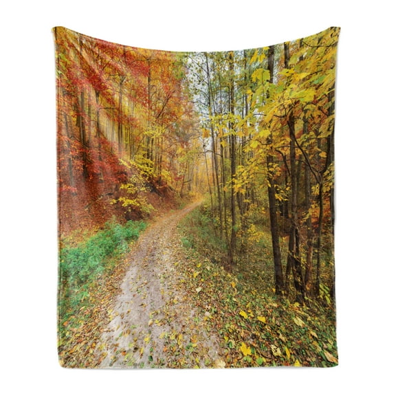 Fall Soft Flannel Fleece Throw Blanket, Colorful Autumnal Landscape with Forest and Fallen Leaves, Cozy Plush for Indoor and Outdoor Use, 70" x 90", Green Vermilion, by Ambesonne