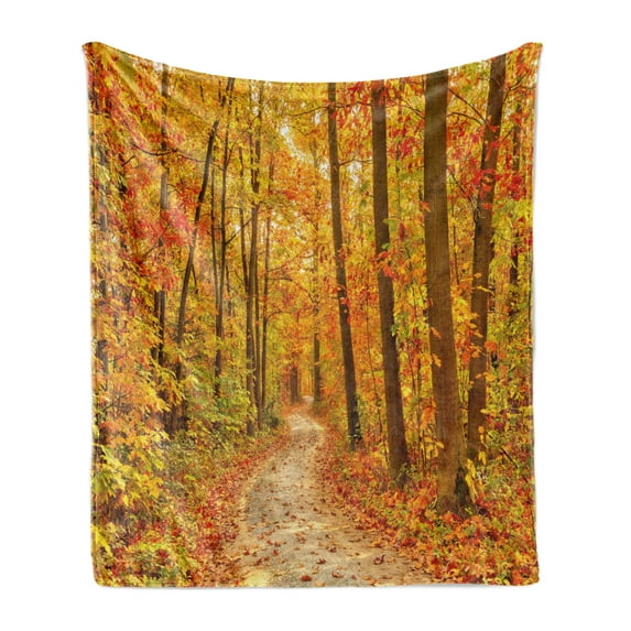 Fall Soft Flannel Fleece Throw Blanket, Deciduous Trees Seasonal Leaves Pathway Wilderness Woodland Image, Cozy Plush for Indoor and Outdoor Use, 60" x 80", Orange Pale Green Brown, by Ambesonne