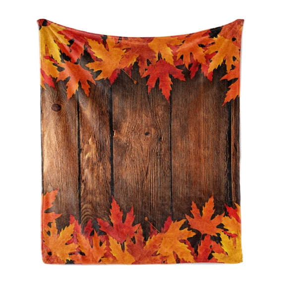 Fall Soft Flannel Fleece Throw Blanket, Dry Leaves Poured Onto Wooden Board Cabin Cottage Rustic Country Life Theme Print, Cozy Plush for Indoor and Outdoor Use, 50" x 60", Brown Orange, by Ambesonne