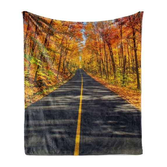 Fall Soft Flannel Fleece Throw Blanket, Endless Rural Road Through Vibrant Treed Corridor Landscape Scenic Countryside View, Cozy Plush for Indoor and Outdoor Use, 60" x 80", Multicolor, by Ambesonne
