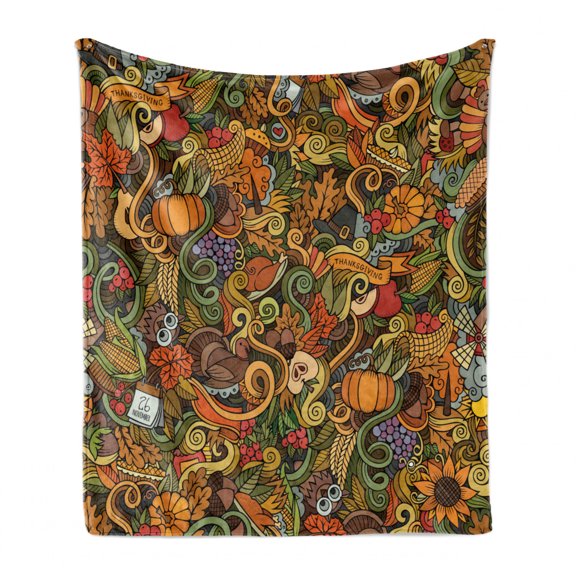 Fall Soft Flannel Fleece Throw Blanket, Hand-drawn Art Doodles on the Subject of Thanksgiving Autumn Food and Drinks, Cozy Plush for Indoor and Outdoor Use, 60" x 80", Multicolor, by Ambesonne