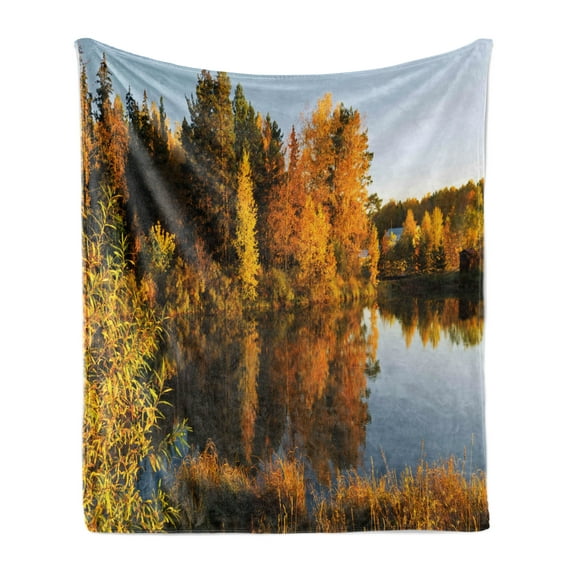 Fall Soft Flannel Fleece Throw Blanket, Lake at Sunset Rays Autumnal Landscape Pond Woodland Outdoors Ecology Environment, Cozy Plush for Indoor and Outdoor Use, 60" x 80", Multicolor, by Ambesonne