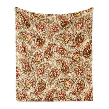 Fall Soft Flannel Fleece Throw Blanket, Leaves in Paisley Design Folkloric Art Original Culture Inspired Motif, Cozy Plush for Indoor and Outdoor Use, 60" x 80", Red Beige, by Ambesonne