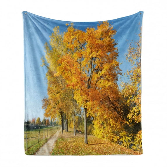 Fall Soft Flannel Fleece Throw Blanket, Maple Trees in the Rural Countryside Natural Landscape Tranquil View, Cozy Plush for Indoor and Outdoor Use, 50" x 70", Pale Blue Yellow Green, by Ambesonne