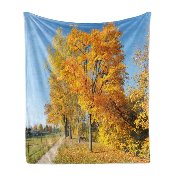 Fall Soft Flannel Fleece Throw Blanket, Maple Trees in the Rural Countryside Natural Landscape Tranquil View, Cozy Plush for Indoor and Outdoor Use, 60" x 80", Pale Blue Yellow Green, by Ambesonne