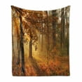 thumbnail image 1 of Fall Soft Flannel Fleece Throw Blanket, Misty Autumnal Forest with Rising Sun Early Morning in Foggy Woods Scenery, Cozy Plush for Indoor and Outdoor Use, 50" x 70", Orange Brown Green, by Ambesonne, 1 of 6