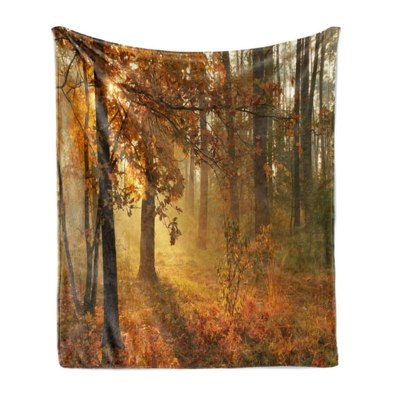 Fall Soft Flannel Fleece Throw Blanket, Misty Autumnal Forest with Rising Sun Early Morning in Foggy Woods Scenery, Cozy Plush for Indoor and Outdoor Use, 60" x 80", Orange Brown Green, by Ambesonne