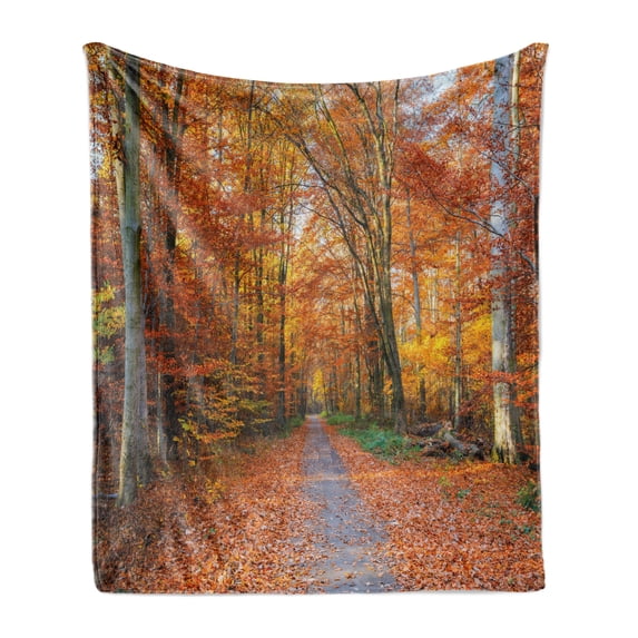 Fall Soft Flannel Fleece Throw Blanket, Pathway Covered Fallen Leaves Through Autumn Forest Vibrant Trees Print, Cozy Plush for Indoor and Outdoor Use, 60" x 80", Orange Yellow Green, by Ambesonne