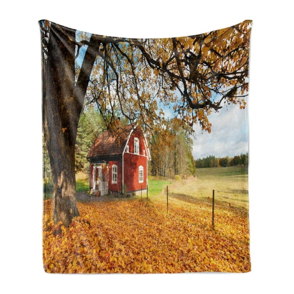 Fall Soft Flannel Fleece Throw Blanket, Quaint Traditional Red Swedish House Tranquil Environment Cottage Countryside Woods, Cozy Plush for Indoor and Outdoor Use, 70" x 90", Multicolor, by Ambesonne