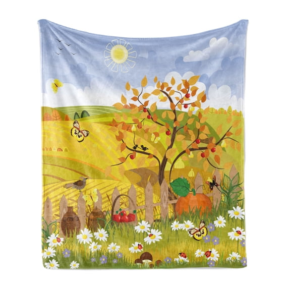Fall Soft Flannel Fleece Throw Blanket, Rural Scenery with Sun Butterflies Birds and Daisies on Field Kid Nursery Concept, Cozy Plush for Indoor and Outdoor Use, 70" x 90", Multicolor, by Ambesonne