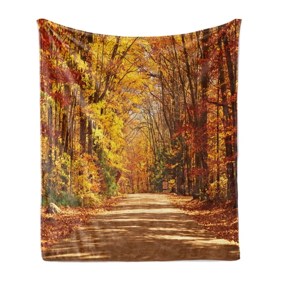 Fall Soft Flannel Fleece Throw Blanket, Scenic View Outdoors Empty Roadway Surrounded with Deciduous Trees Image, Cozy Plush for Indoor and Outdoor Use, 50" x 60", Redwood Yellow Orange, by Ambesonne